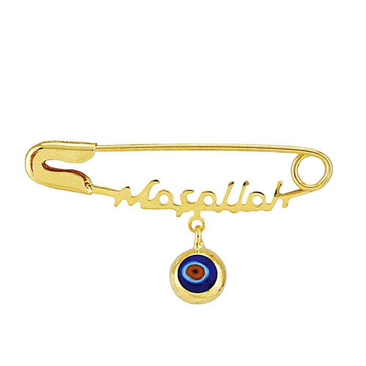 Masallah Solid Gold Safety Pin Evil Eye Unisex