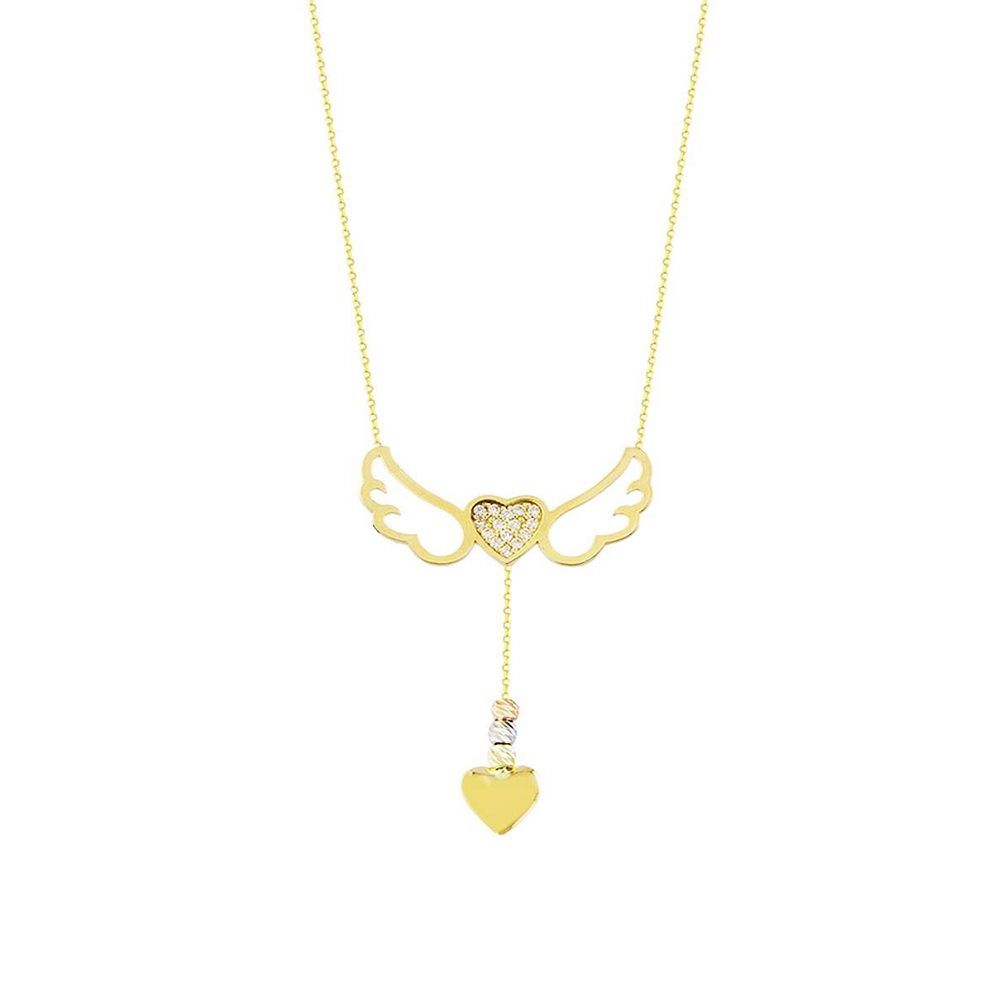14K Solid Gold Angel Wing Heart Necklace