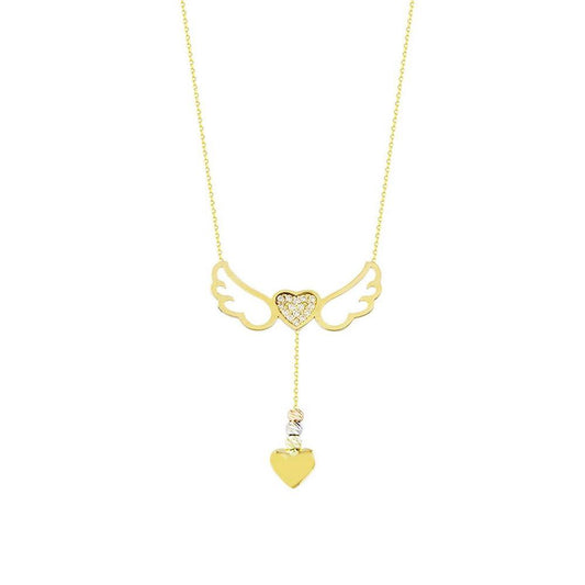 14K Solid Gold Angel Wing Heart Necklace