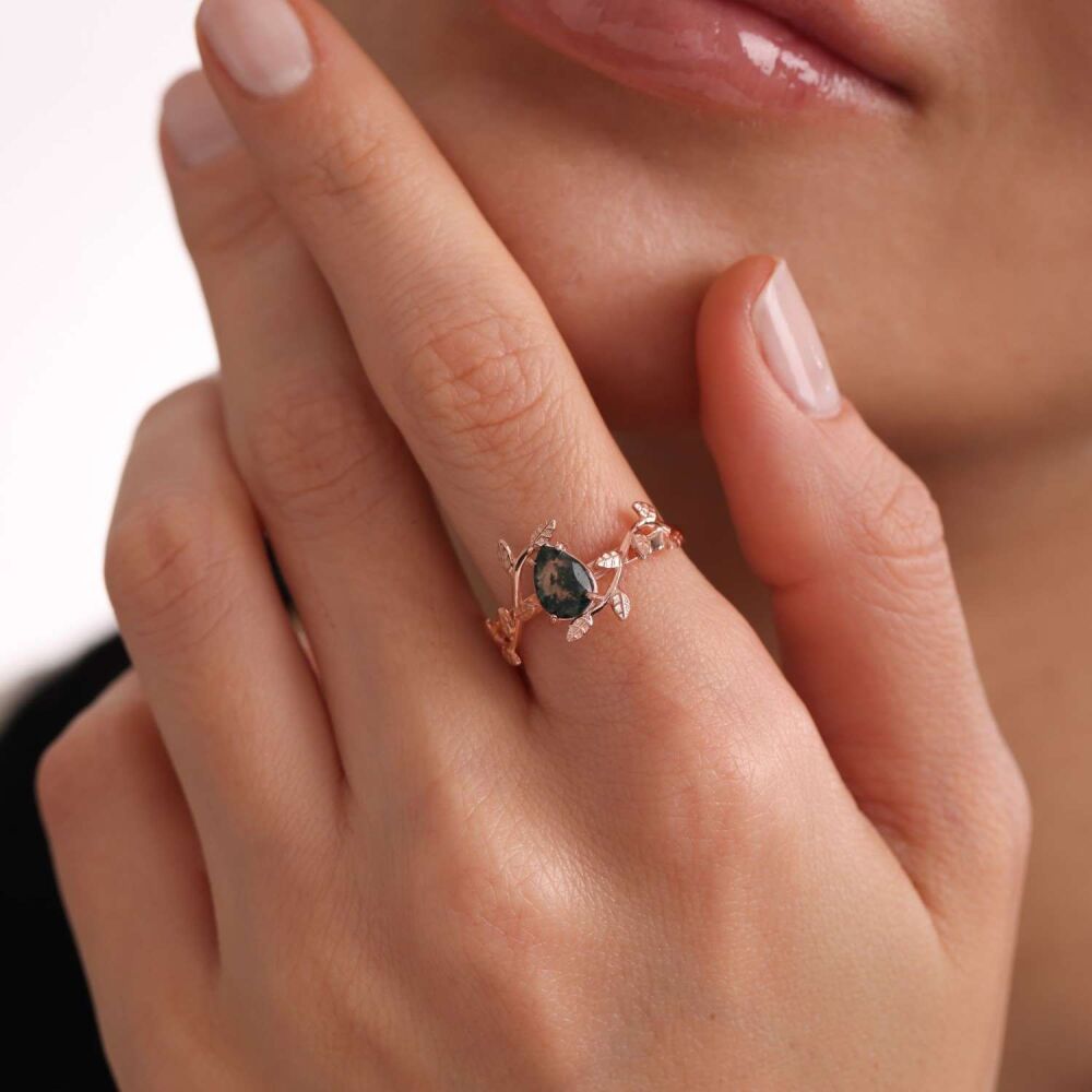 Moss Agate Solid Gold Ring Rose