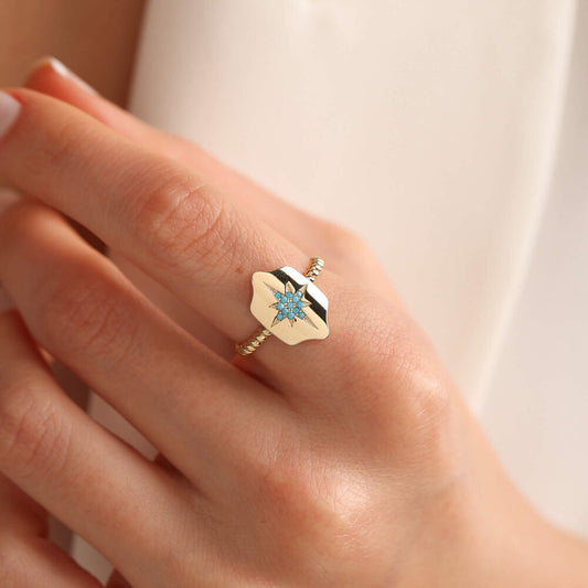Compass Solid Gold Ring Turquoise