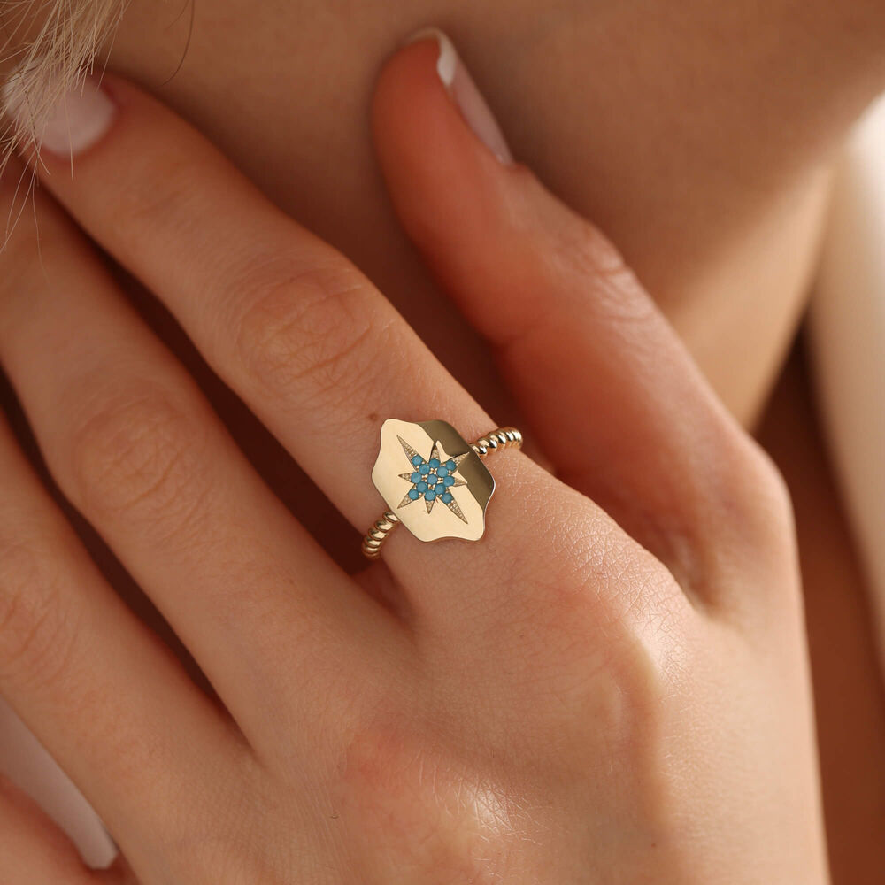 Compass Solid Gold Ring Turquoise