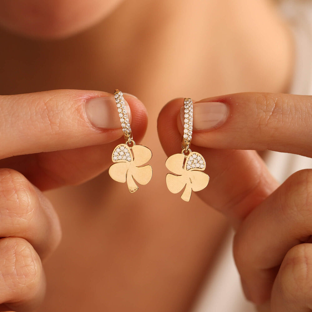 Dangle Solid Gold Clover Earrings