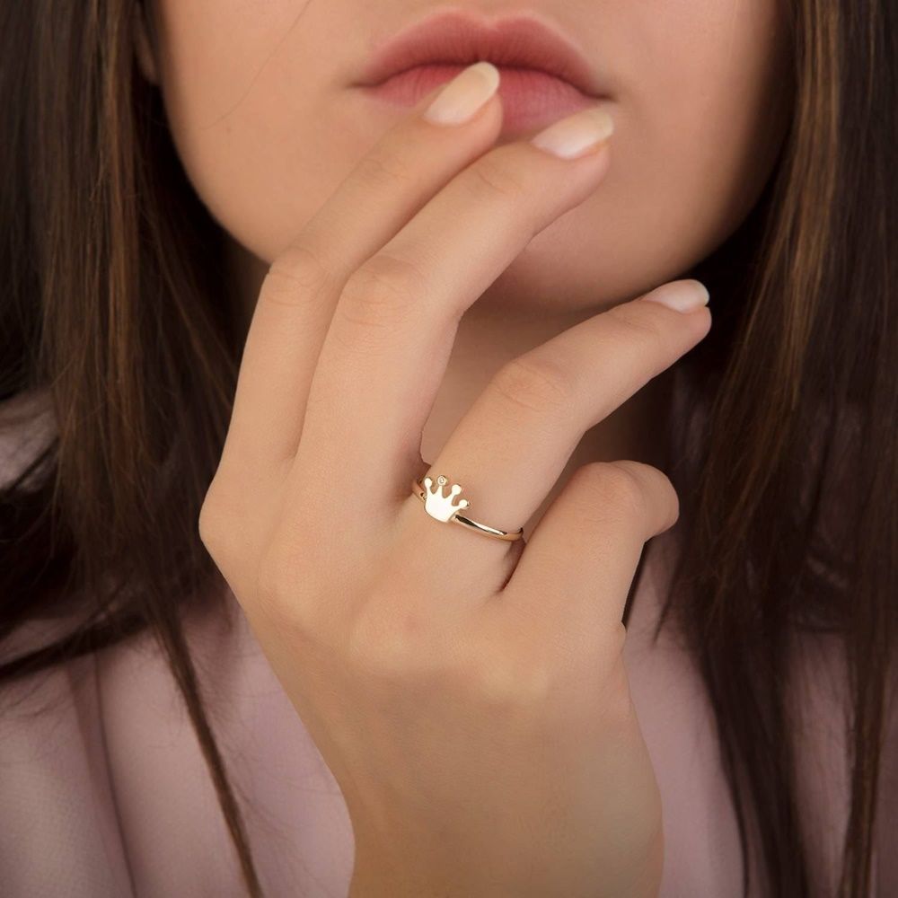 Yellow Solid Gold Crown Ring 14K Solitaire