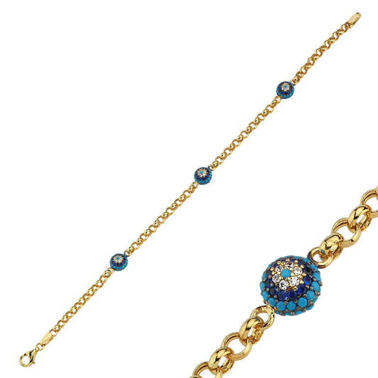 Evil Eye Solid Gold Bracelet Turquoise Gemstone Double-Sided