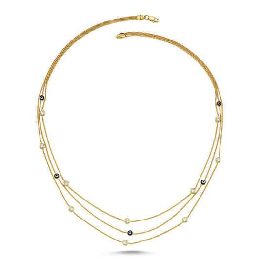 14K Solid Gold Three Chain Solid Gold Evil Eye Necklace