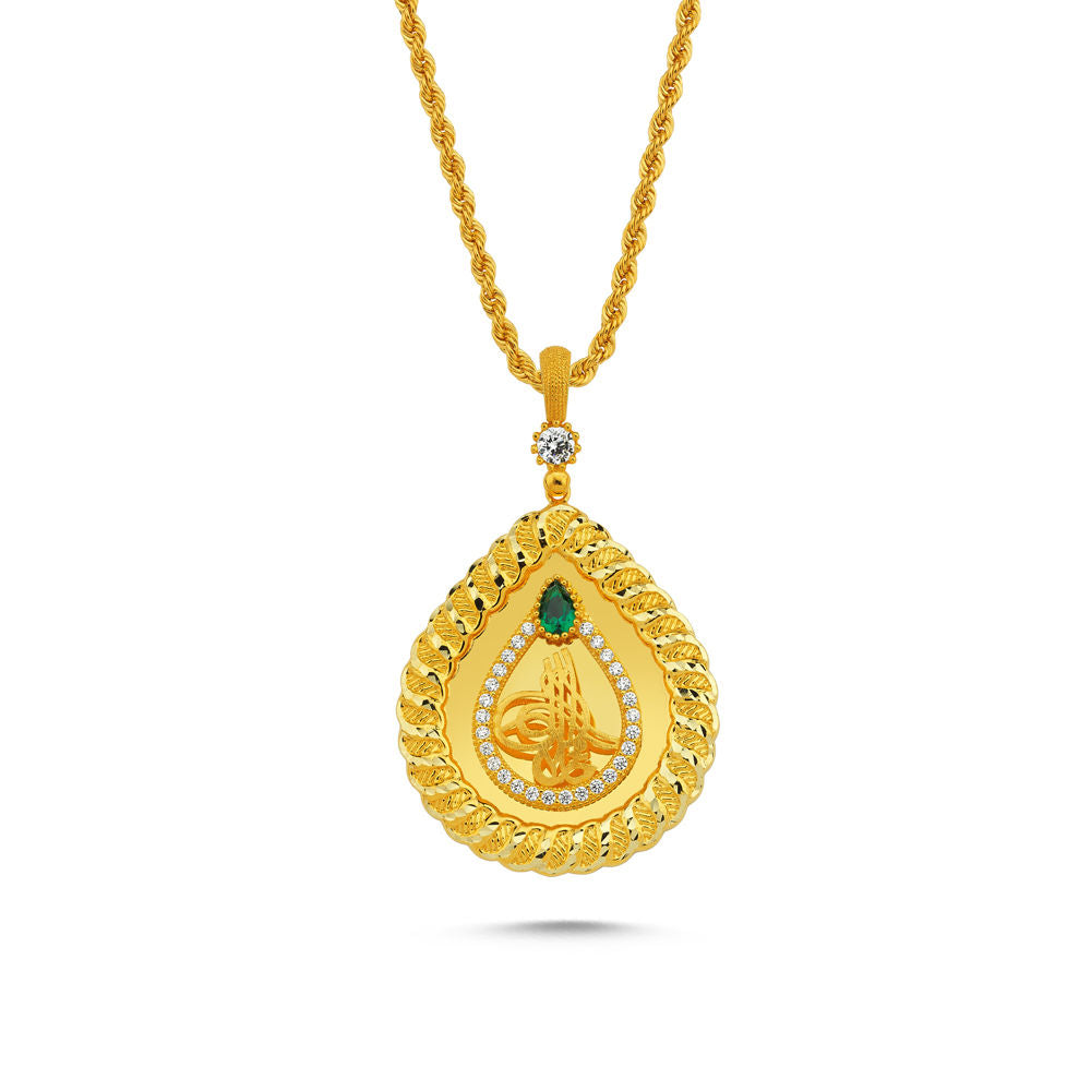 Tugra Necklace Solid Gold Drop Design Twisted Rope Chain