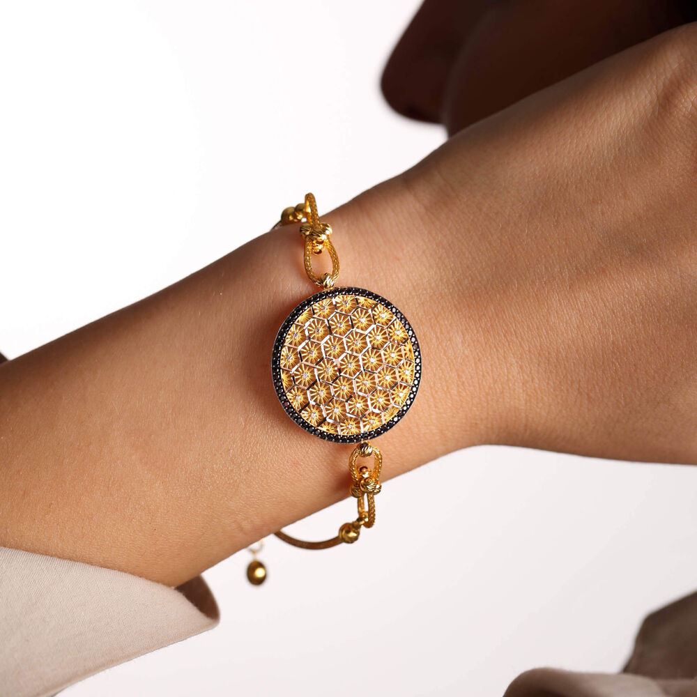 Flower Of Life 14K Solid Gold Bracelet Onyx Gemstone Palace