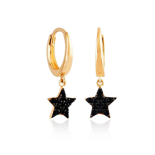 Star Rose Solid Gold Dangle Earrings Onyx Gemstone