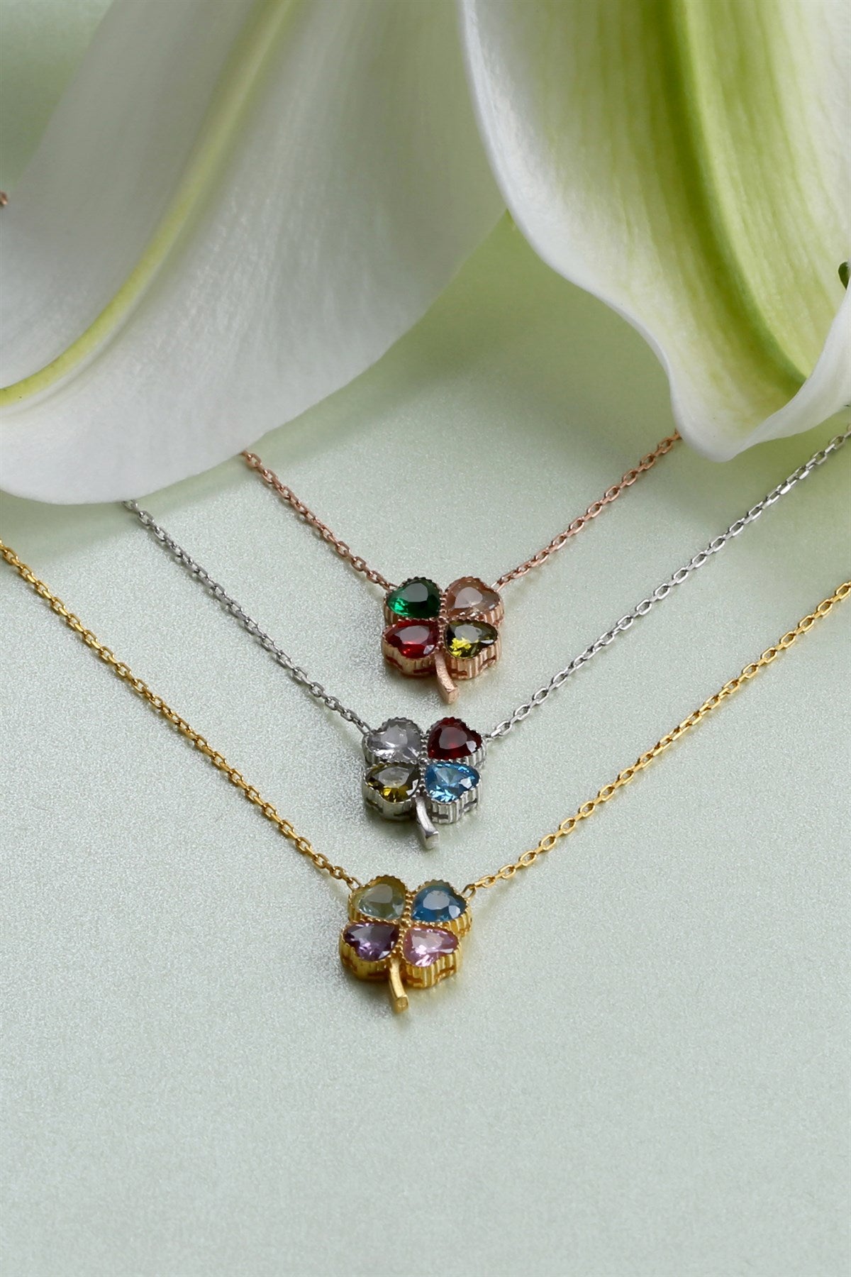Silver Heart Clover Birthstone Necklace