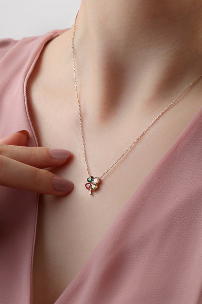 Silver Heart Clover Birthstone Necklace