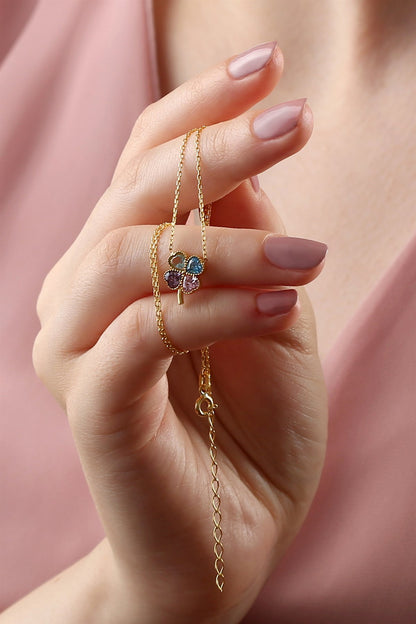 Silver Heart Clover Birthstone Necklace