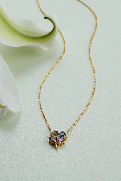 Silver Heart Clover Birthstone Necklace