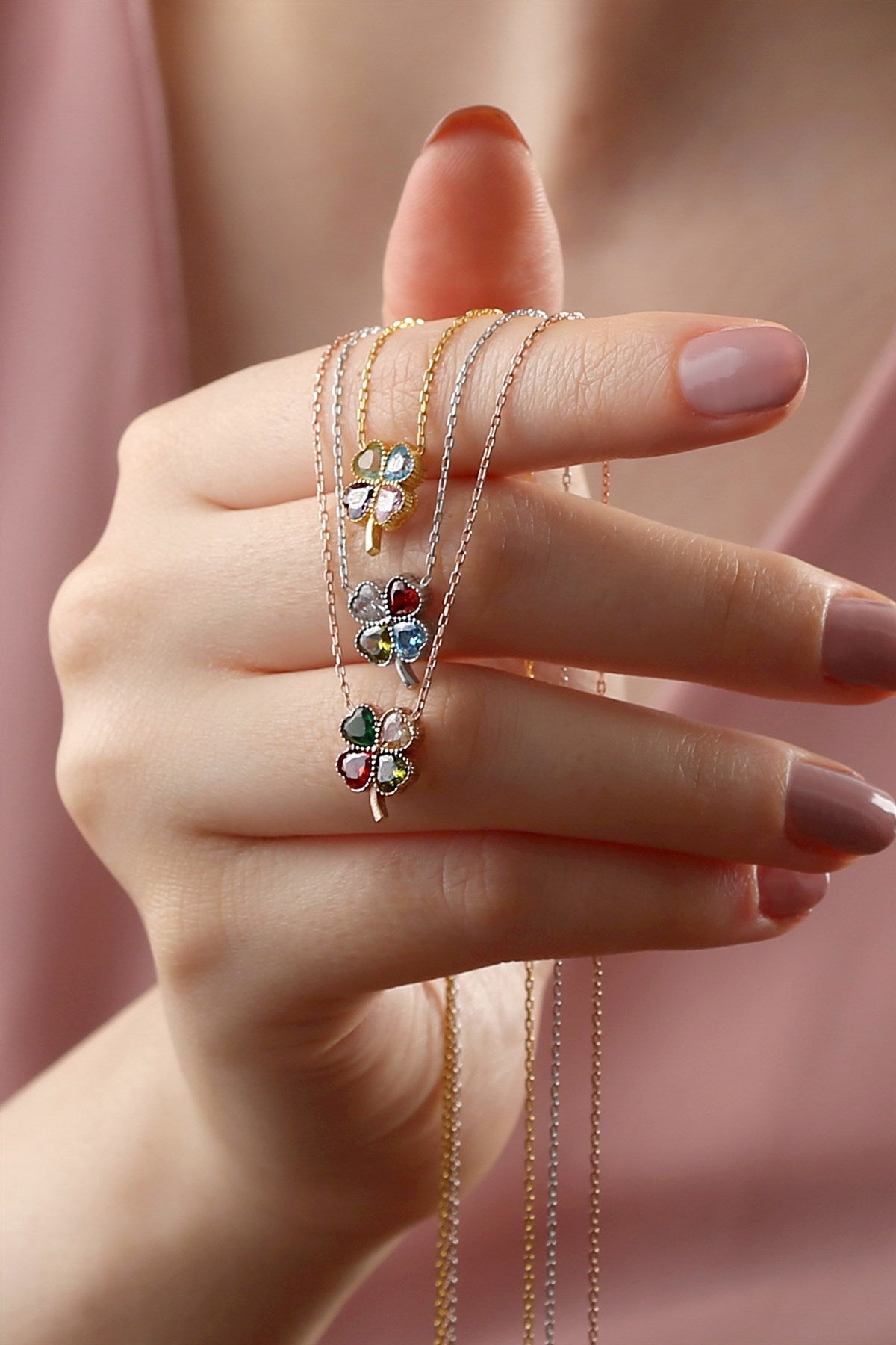 Silver Heart Clover Birthstone Necklace