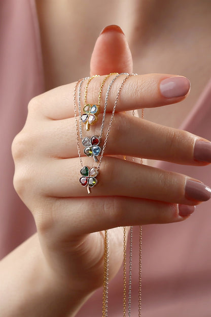Silver Heart Clover Birthstone Necklace