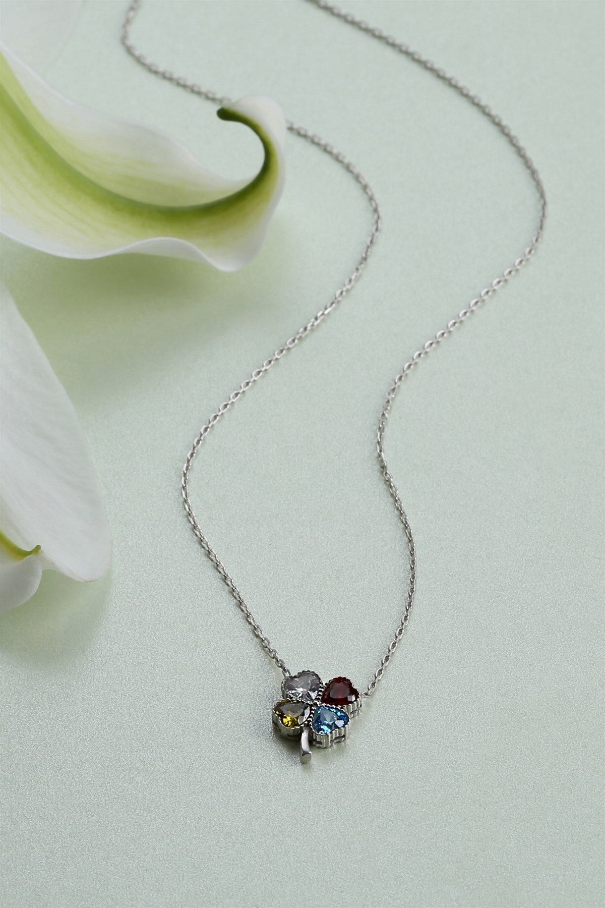 Silver Heart Clover Birthstone Necklace