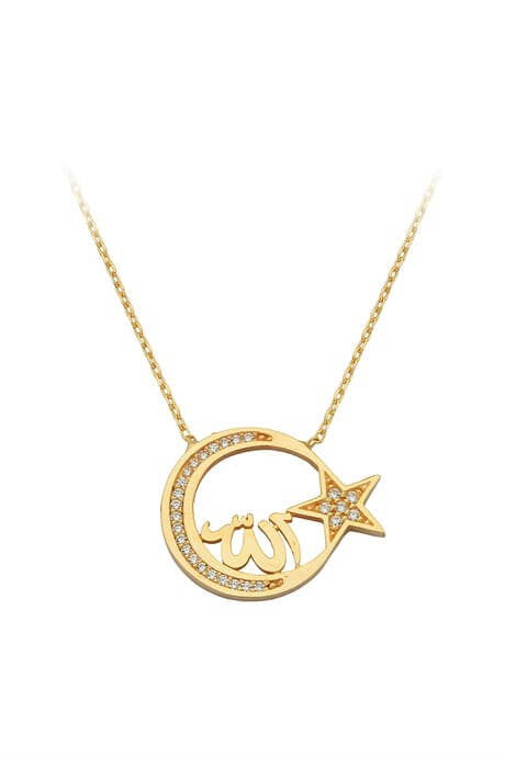 Collier d'étoile de lune écrit par Allah (Dieu) en or massif | 14K (585) | 2,85 grammes