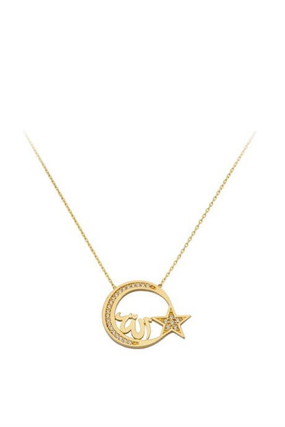 Solid Gold Allah (God) Written Moon Star Necklace | 14K (585) | 3.09 gr