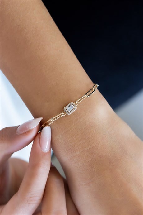 Brazalete baguette de cadena de cable plano con sorteo de oro macizo | 14K (585) | 1,75 gramos