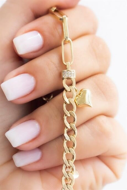 Solid Gold Draw Flat Cable Chain Heart Bracelet | 14K (585) | 5.81 gr