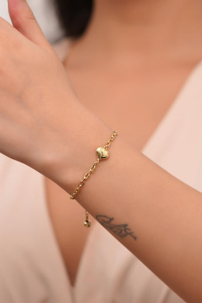 Solid Gold Paper Clip Chain Heart Bracelet