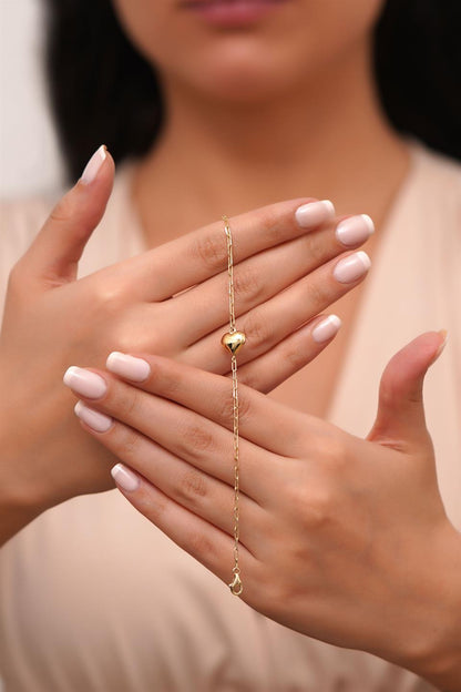 Solid Gold Paper Clip Chain Heart Bracelet