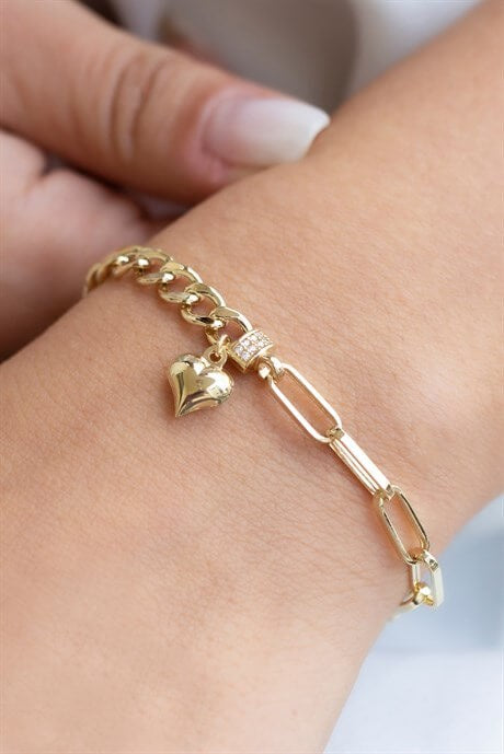 Pulsera de corazón con cadena de cable plano y dibujo de oro macizo | 14K (585) | 5,81 gramos