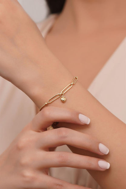 Solid Gold Paper Clip Chain Heart Bracelet