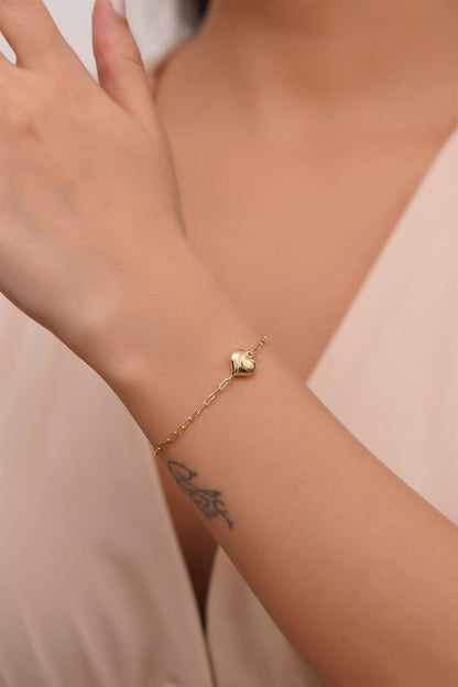 Solid Gold Paper Clip Chain Heart Bracelet