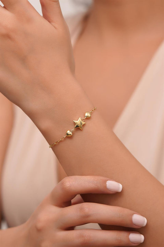 Solid Gold Paper Clip Chain Heart Star Bracelet