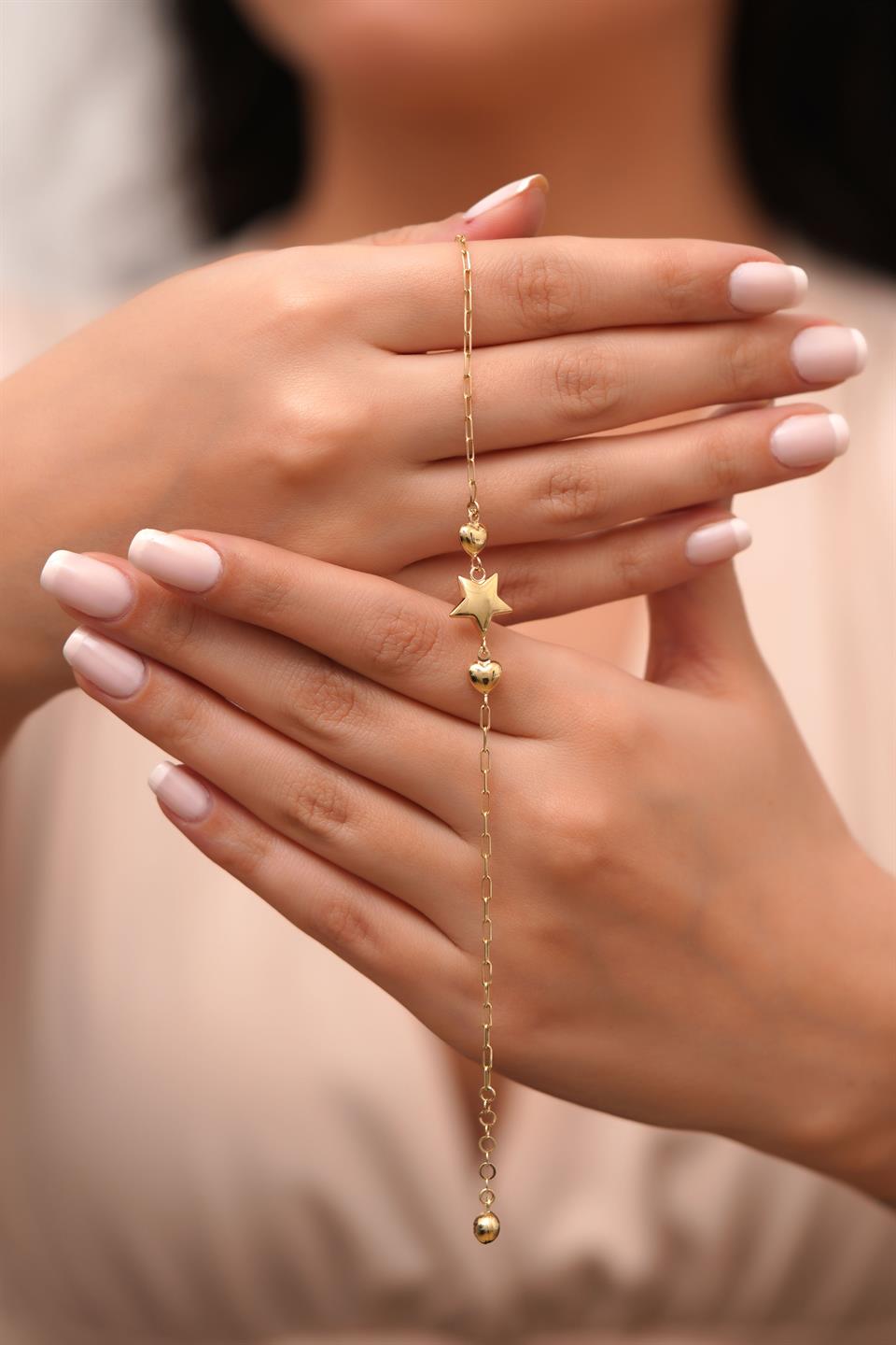 Solid Gold Paper Clip Chain Heart Star Bracelet