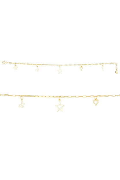 Solid Gold Paper Clip Chain Wobbly Heart Star Bracelet