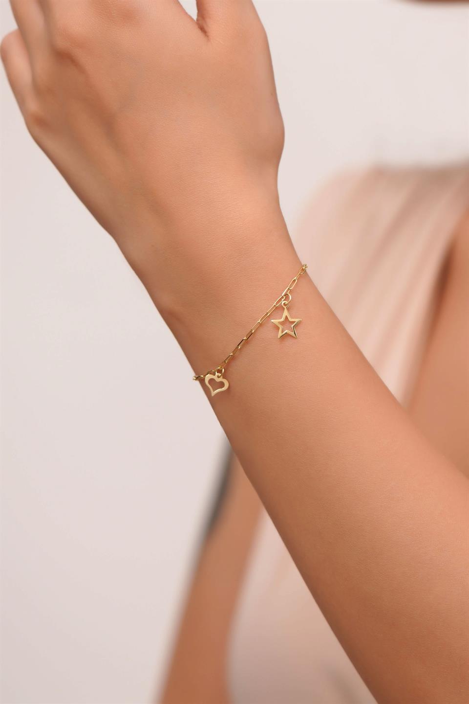 Solid Gold Paper Clip Chain Wobbly Heart Star Bracelet