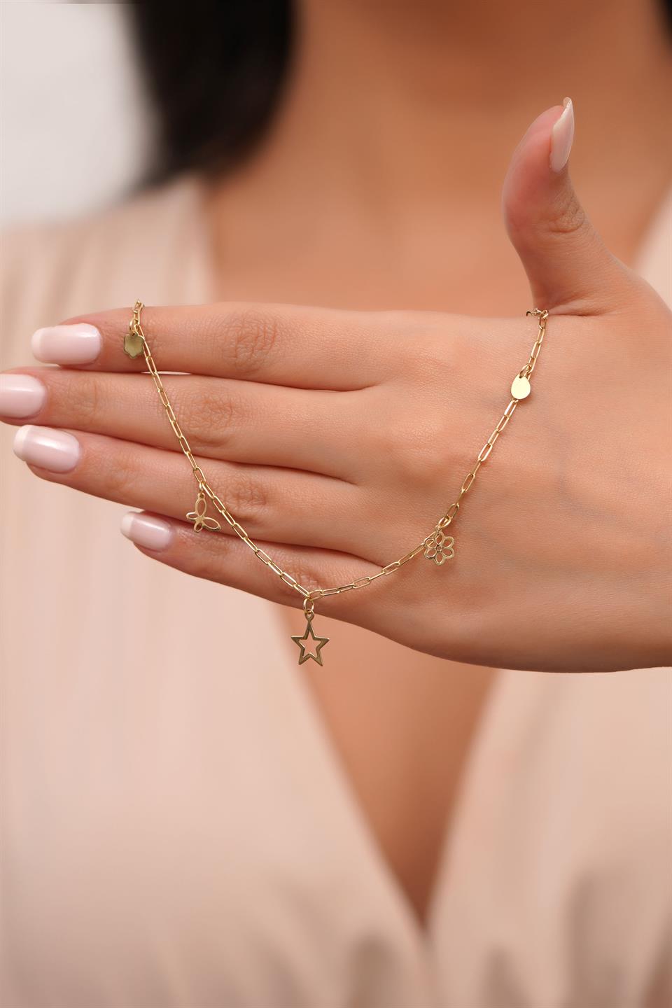 Solid Gold Paper Clip Chain Wobbly Star Flower Bracelet