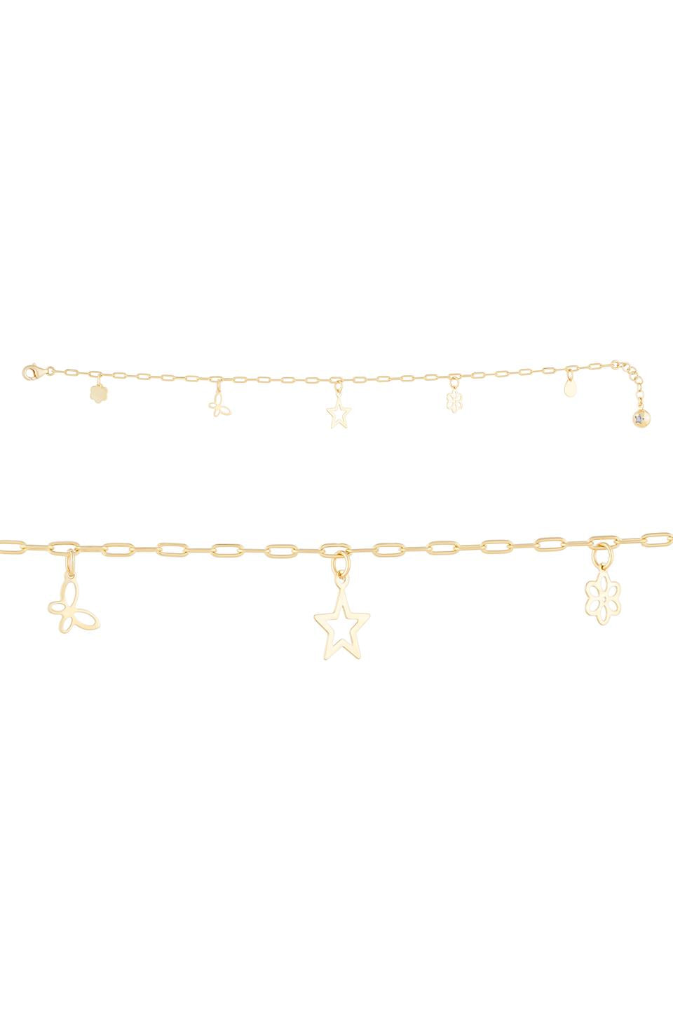 Solid Gold Paper Clip Chain Wobbly Star Flower Bracelet