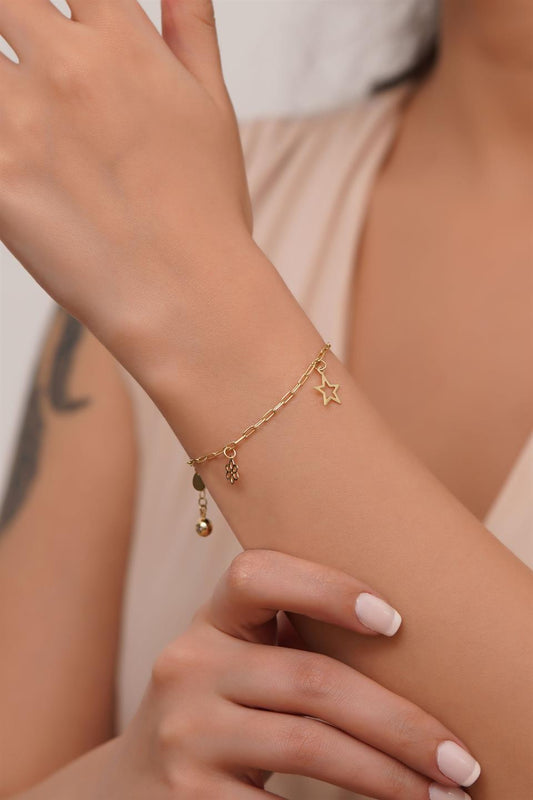 Solid Gold Paper Clip Chain Wobbly Star Flower Bracelet