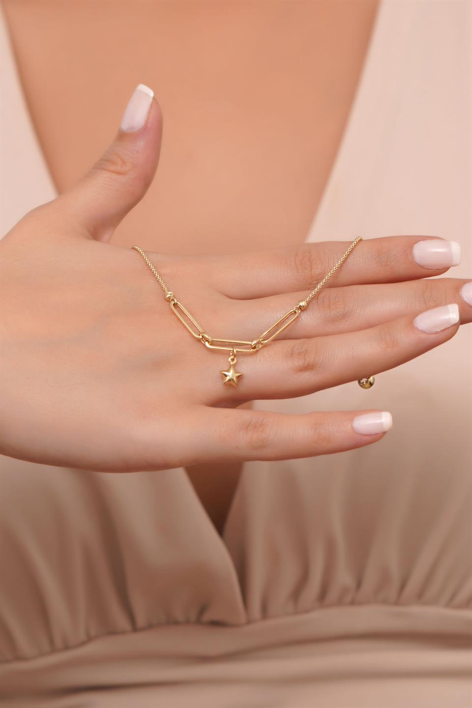 Solid Gold Paper Clip Chain Wobbly Star Bracelet