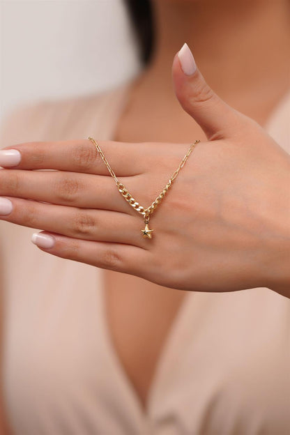 Solid Gold Paper Clip Chain Wobbly Star Bracelet