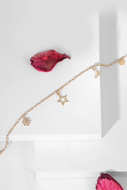 Solid Gold Paper Clip Chain Wobbly Star Flower Bracelet