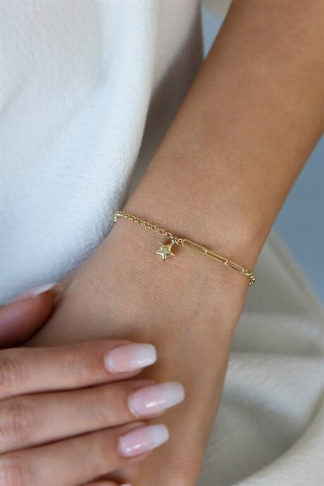 Solid Gold Draw Flat Cable Chain Star Bracelet | 14K (585) | 1.44 gr