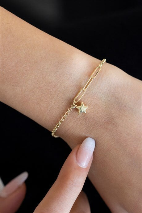 Bracelet étoile en or massif avec chaîne torsadée plate | 14K (585) | 1,44 g