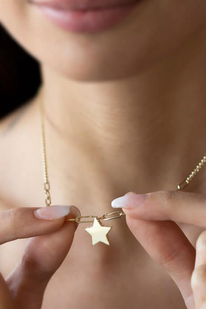 Solid Gold Draw Flat Cable Chain Star Necklace | 14K (585) | 3.17 gr