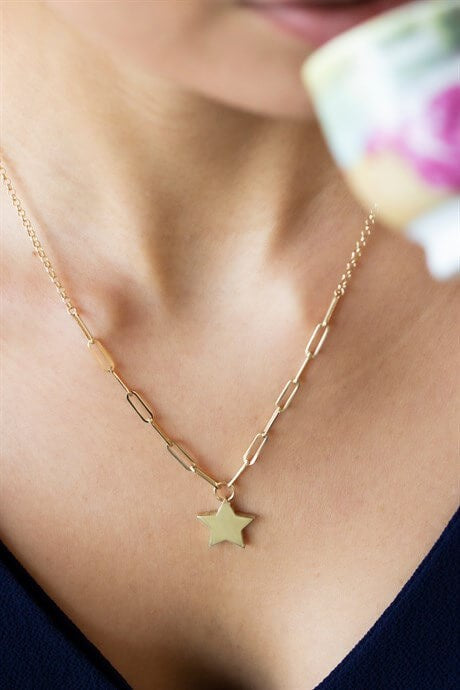 Solid Gold Draw Flat Cable Chain Star Necklace | 14K (585) | 3.17 gr