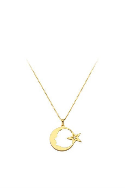 Solid Gold Ataturk Moon Star Necklace | 14K (585) | 2.14 gr