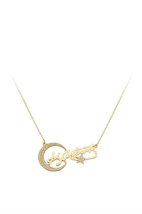 Collier étoile de lune avec signe d'Atatürk en or massif | 14K (585) | 2,53 grammes