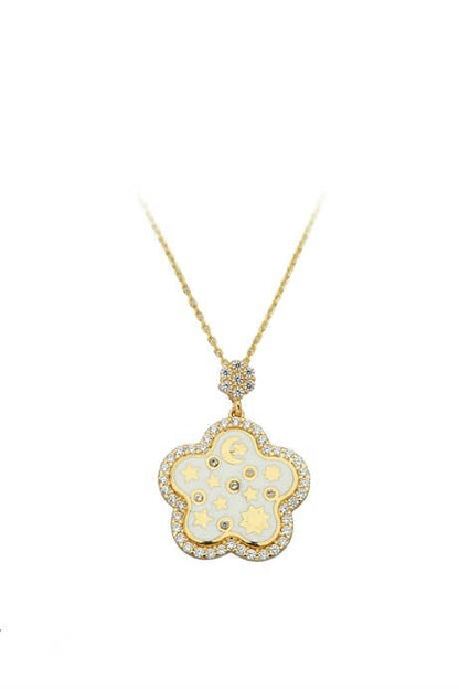 Solid Gold Moon Star Motif Flower Necklace | 14K (585) | 3.28 gr