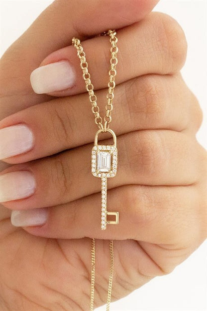 Solid Gold Baguette Gemstone Key Necklace | 14K (585) | 4.34 gr