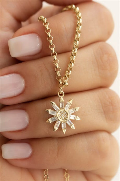 Solid Gold Baguette Gemstone Flower Necklace | 14K (585) | 3.77 gr