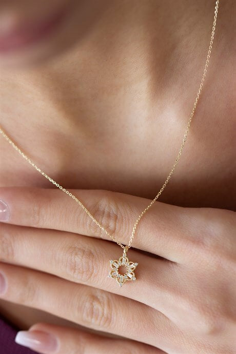 Solid Gold Baguette Gemstone Snowflake Necklace | 8K (333) | 1.60 gr