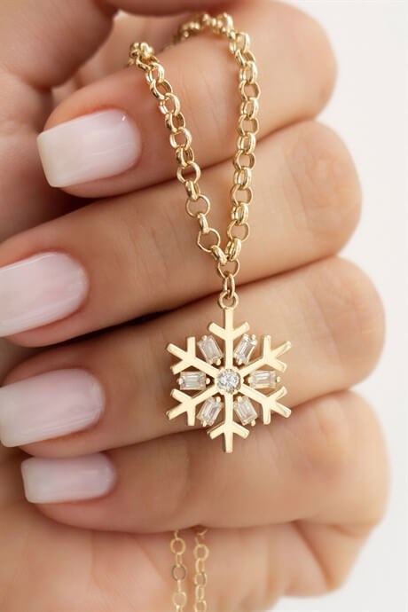 Solid Gold Baguette Gemstone Snowflake Necklace | 14K (585) | 5.22 gr